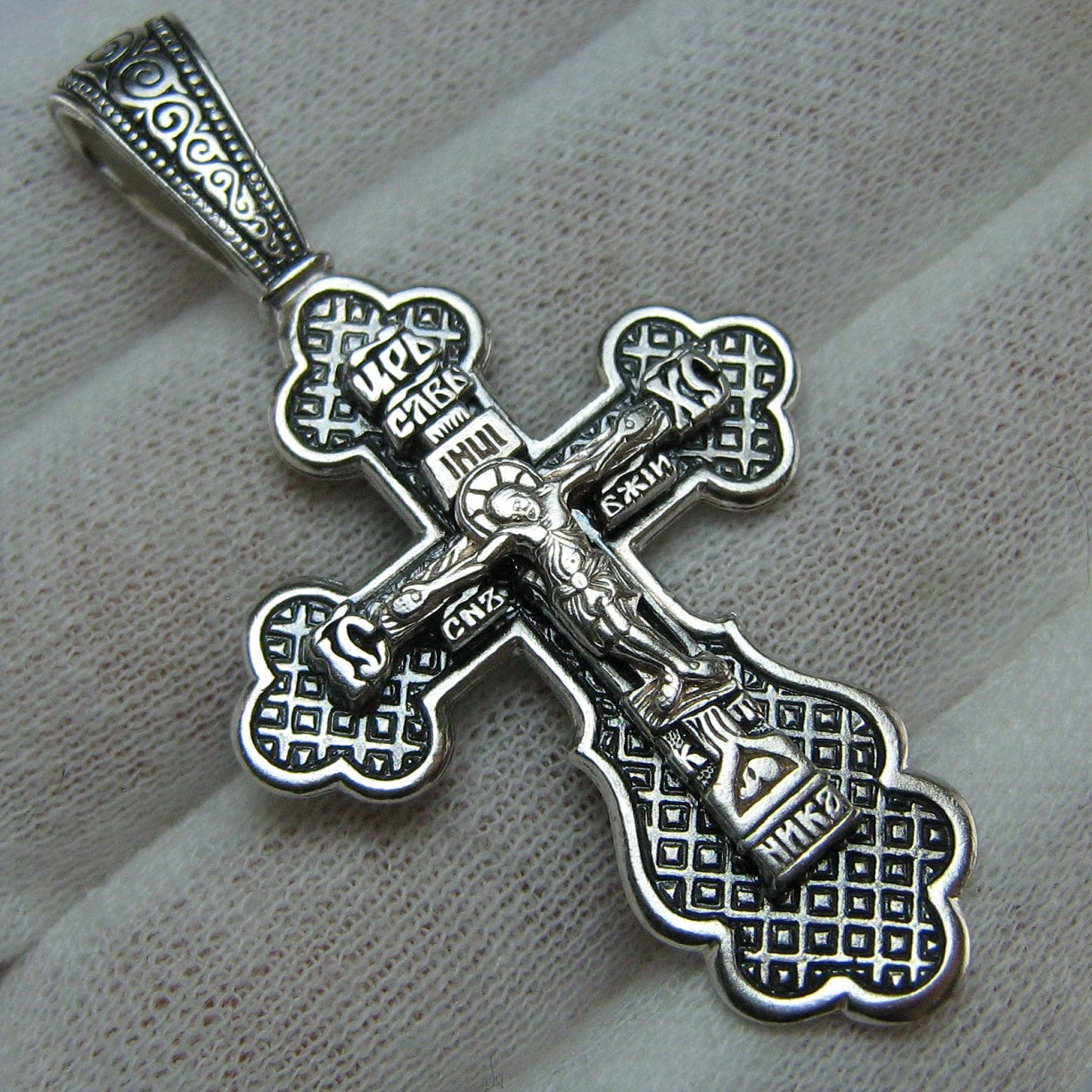 Vintage solid 925 Sterling Silver large and heavy oxidized cross pendant and detailed Jesus Christ crucifix with Christian prayer inscription to God decorated with geometrical, floral and filigree pattern