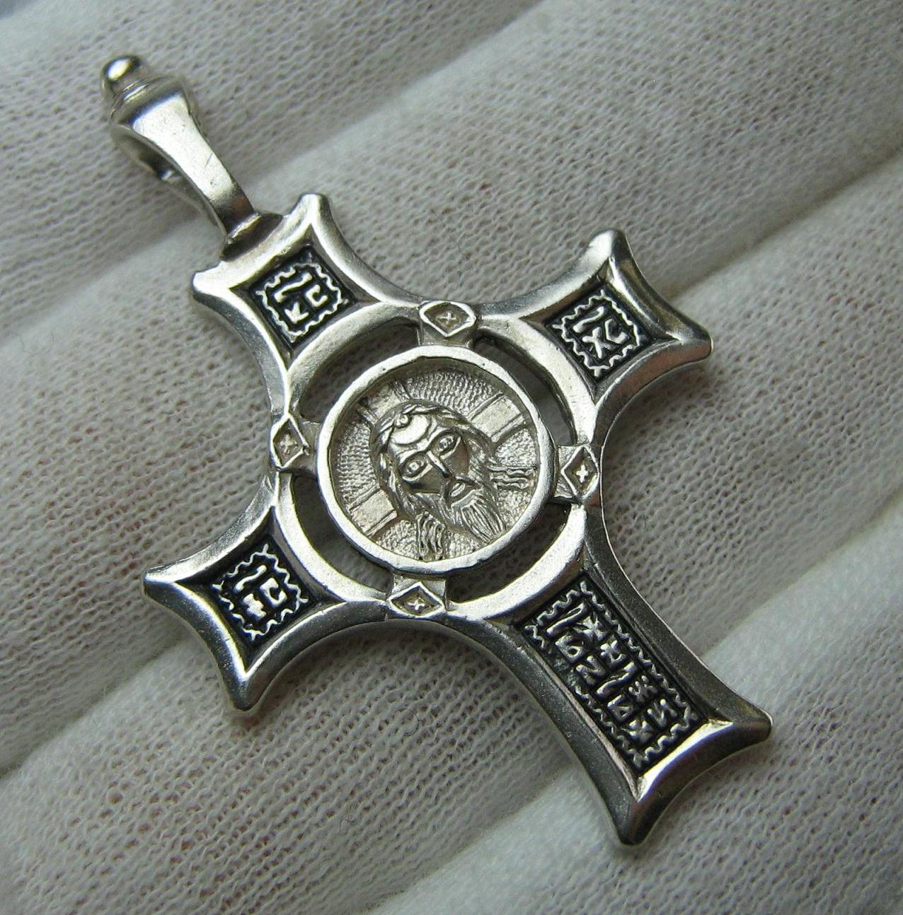 Vintage solid 925 Sterling Silver large oxidized cross pendant decorated with Vernicle image of the Saviour, also called Jesus Christ Face of Edessa or Head not made by human hands and Christian prayer inscriptions