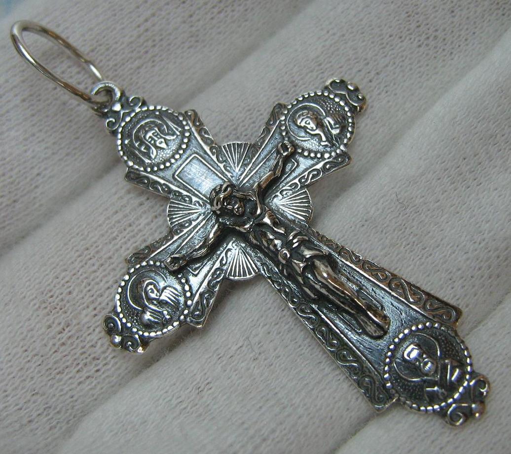 New solid 925 Sterling Silver large oxidized cross pendant and Jesus Christ crucifix with Christian prayer inscription to God decorated with the images of Mother Mary, Saint John the Baptist and Nicholas the Wonderworker, dove Holy Spirit, church view and filigree pattern