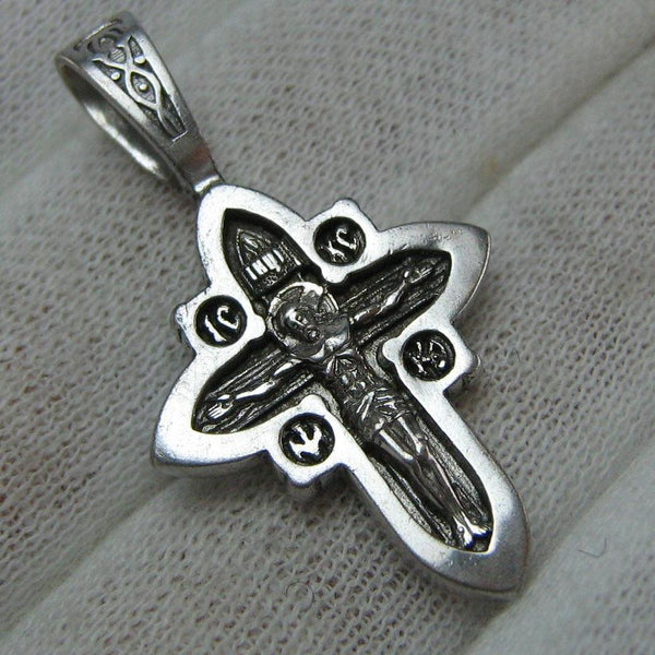 Vintage solid 925 Sterling Silver oxidized Christian cross pendant and Jesus Christ crucifix decorated with plant, floral, filigree and wood pattern