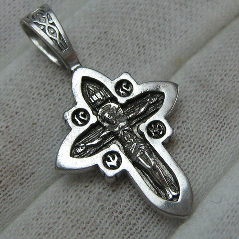 Vintage solid 925 Sterling Silver oxidized Christian cross pendant and Jesus Christ crucifix decorated with plant, floral, filigree and wood pattern