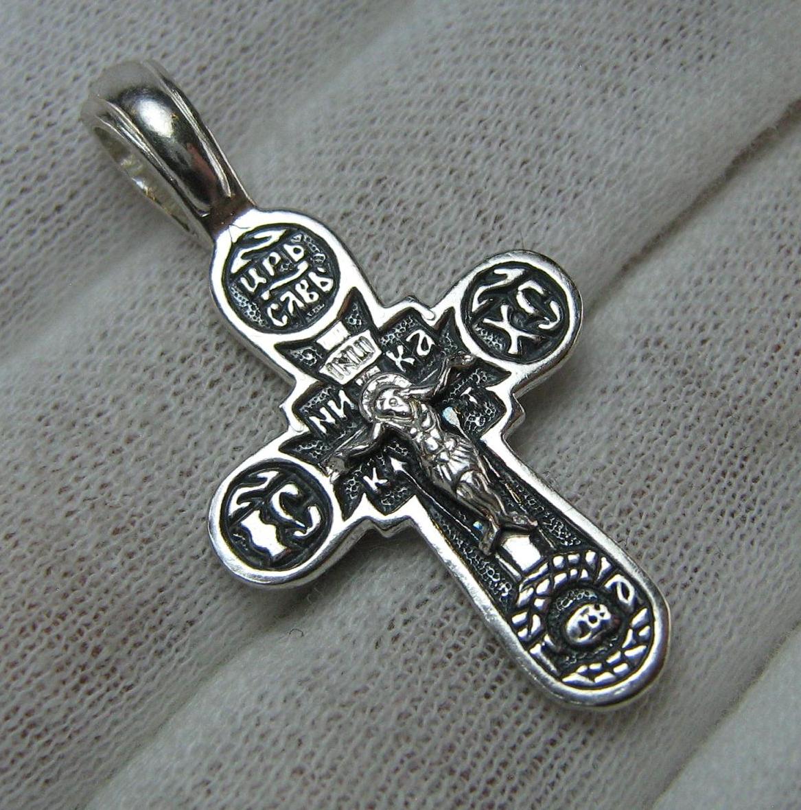 New solid 925 Sterling Silver oxidized cross pendant and crucifix with Christian prayer inscription to Jesus Christ decorated with ribbon oxidized pattern and Celtic knot