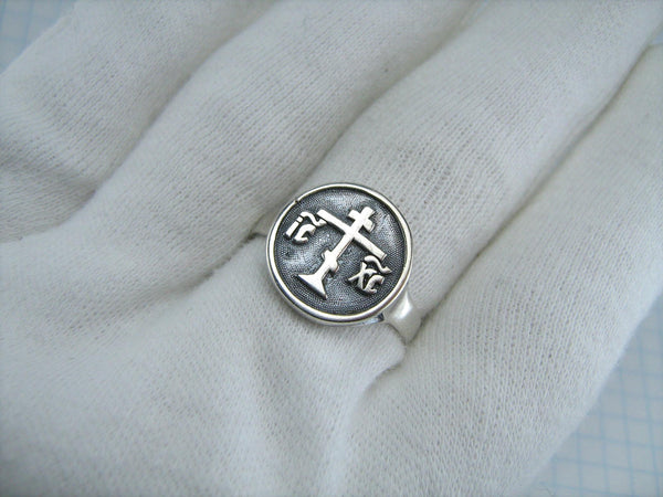 925 Sterling Silver band showing old believers cross on the oxidized background with Cyrillic inscription of Jesus Christ.