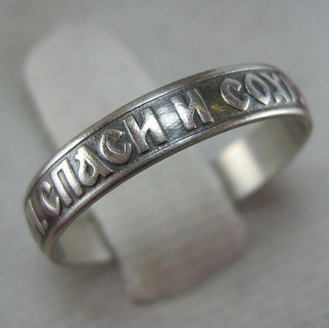 Real pure solid 925 Sterling Silver narrow band with Christian prayer inscription to Lord on the oxidized background with old believers cross, lovely faith amulet ring, jewelry for women and kids