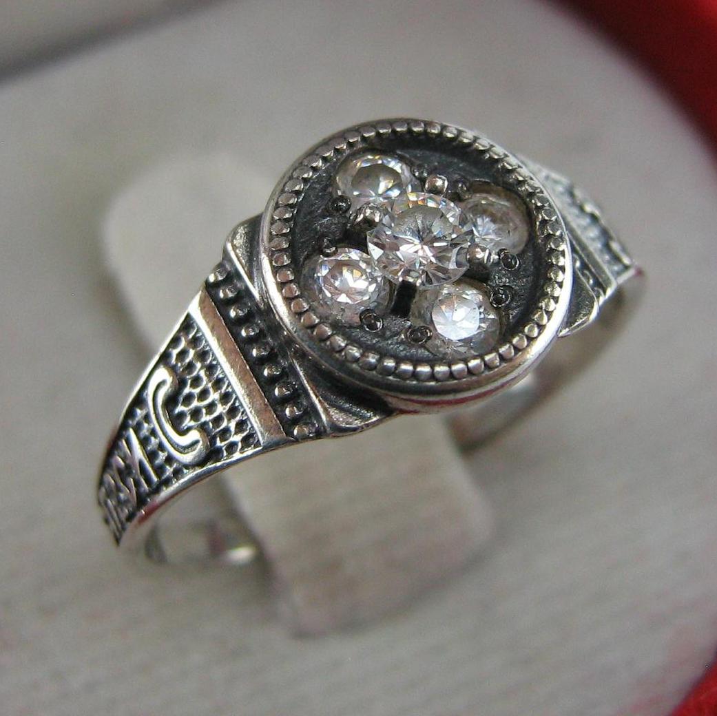 925 Sterling silver ring with Russian language letters text engraved prayer to God Lord oxidized with CZ stones