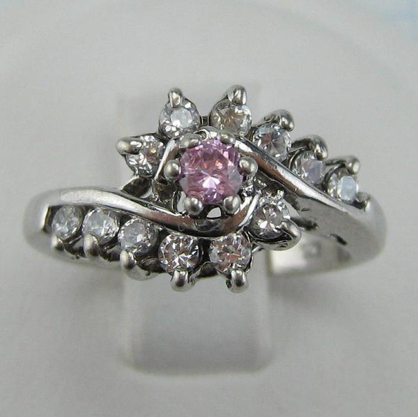 925 solid Sterling Silver cocktail ring with round white and rose pink Cubic Zirconia stones.