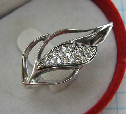 Pre-owned real pure 925 solid Sterling Silver ring shaped very big leaf decorated with round clear Cubic Zirconia stones and openwork craftsmanship