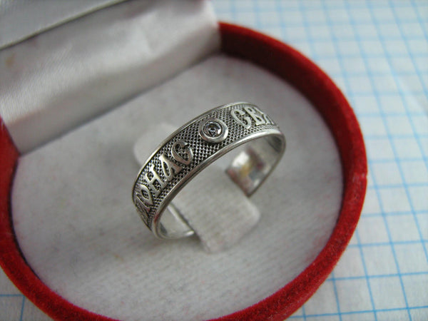 Real solid 925 Sterling Silver eternity band with Christian prayer inscription to Saint Barbara decorated with cubic zirconia stone  