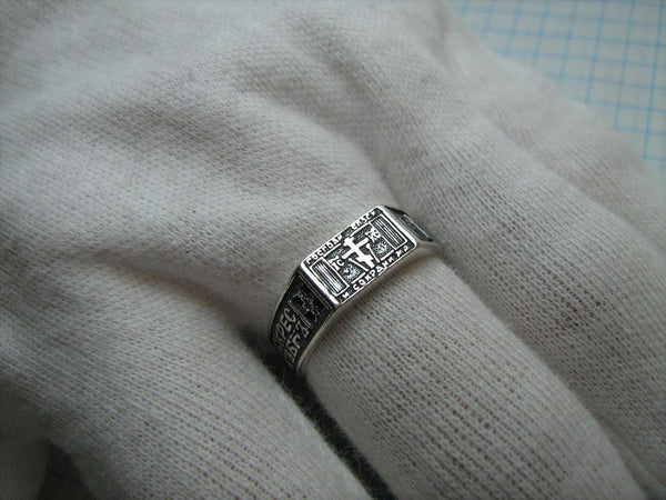 Real pure solid 925 Sterling Silver band with Christian prayer inscription to God on the black background of enamel inlay with cross and heart symbolizing faith and charity