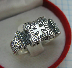 New and never worn 925 solid Sterling Silver signet with Christian prayer inscription to God and Venerable Cross with oxidized finish and Maltese cross decoration, faith and church jewelry 